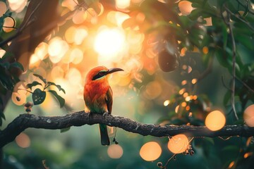 Free photo cute beefeater colorful bird sitting on the tree branch with blurred background - Powered by Adobe