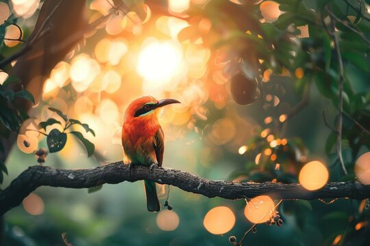 Free photo cute beefeater colorful bird sitting on the tree branch with blurred background