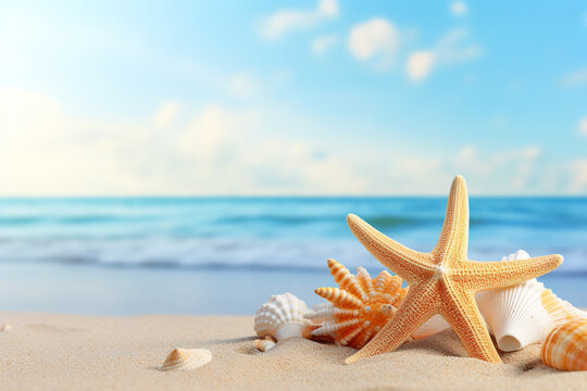Starfish and seashells under the sunny sea beach - concept of seaside tourism and vacation