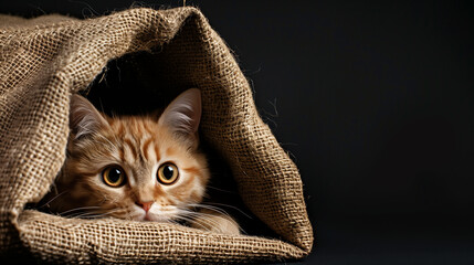 Cute ginger kitten hiding in a burlap bag on black background - Powered by Adobe