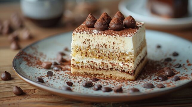 Slice of classic tiramisu dusted with cocoa powder on a  ceramic plate, decorated by chocolate truffels, with chocolate drops scattered around