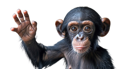 A curious common chimpanzee stands with its hand raised, showcasing the intelligence and inquisitive nature of this fascinating primate species