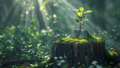 tree growing up a stump in the forest in the style of - obrazy, fototapety, plakaty