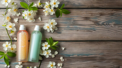 On a wooden brown background, there are flowers and a plastic bottle containing floral lotion