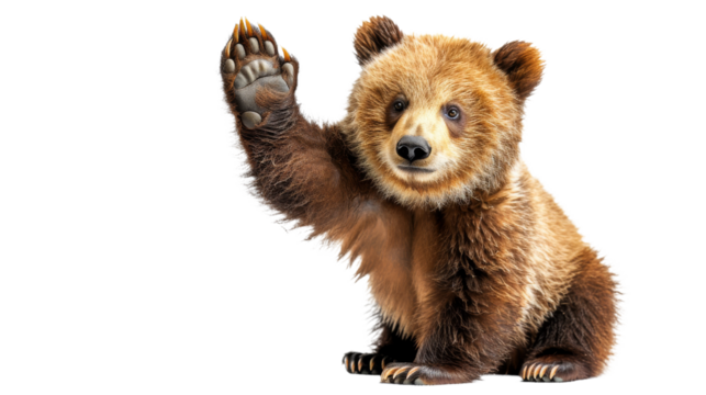 A majestic kodiak bear stands tall with its paw raised, showcasing its beautiful brown fur and wild outdoor habitat
