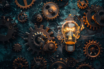 Fototapeta na wymiar Innovation and creativity concept - a light bulb surrounded by gears and cogs