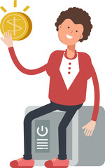 Frizzy Hair Man Character Sitting on Safe and Holding Dollar Coin
