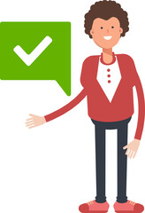 Frizzy Hair Man Character and Check Mark
