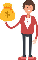 Frizzy Hair Man Character Holding Dollar Sack
