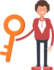 Frizzy Hair Man Character Holding Key
