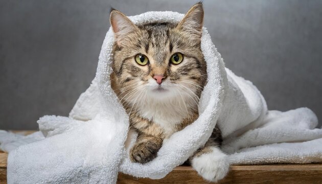 Generated image of cute cat is covered in white terry towel