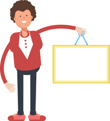 Fototapeta premium Frizzy Hair Man Character Holding Blank Signage 