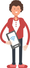 Obraz premium Frizzy Hair Man Character Holding Smartphone 