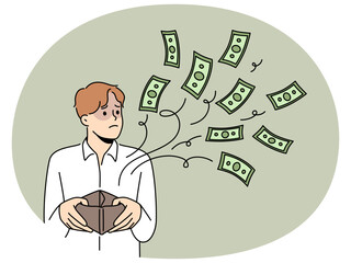 Distressed man with empty wallet suffer from bankruptcy. Unhappy frustrated male have cash flowing from purse. Finance problems. Vector illustration.