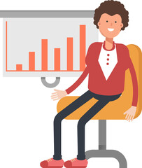 Frizzy Hair Man Character Presenting Bar Chart
