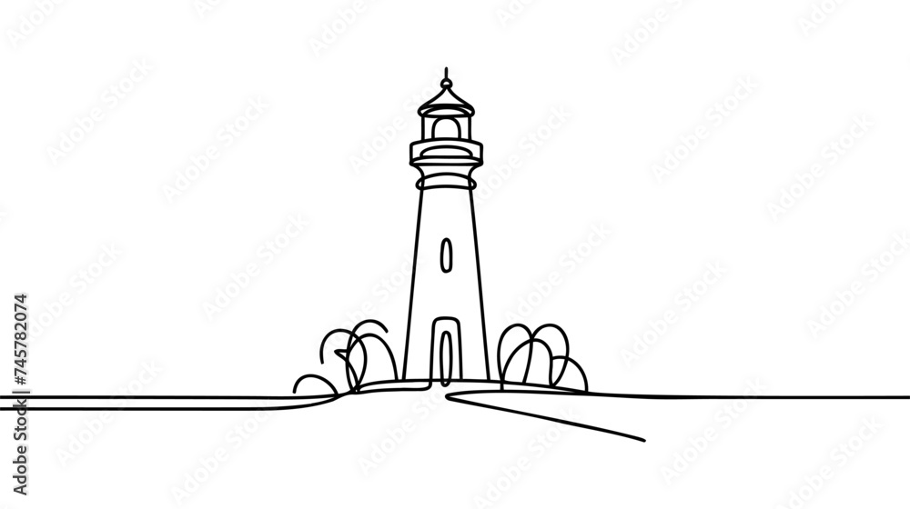 Poster continuous one simple single abstract line drawing of lighthouse icon in silhouette on a white backg