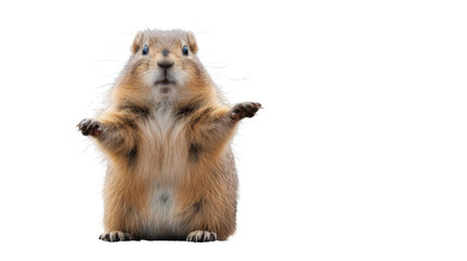 A small terrestrial mammal, possibly a gopher or prairie dog, is captured with its paws up in an...