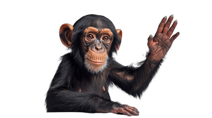 A common chimpanzee stands tall with its hand raised, showcasing its intelligence and close relation to humans as a great ape