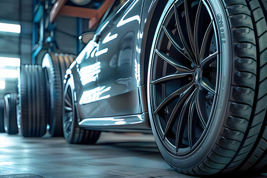 Car tires with a great profile in the car repair shop, industry concept