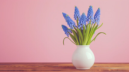 On a pink isolated background, there is a white round vase containing blossoming muscari