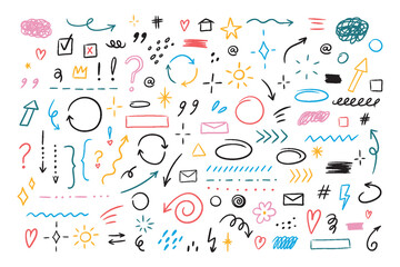 Naklejka premium Hand drawn set of simple decorative elements. Various icons such as hearts, stars, speech bubbles, arrows, lines isolated on white background