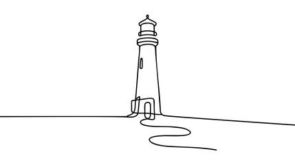 Continuous one simple single abstract line drawing of lighthouse icon in silhouette on a white background. Linear stylized - obrazy, fototapety, plakaty