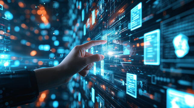 Hand touch on screen technology and innovation information data. Digital communication transformation concept