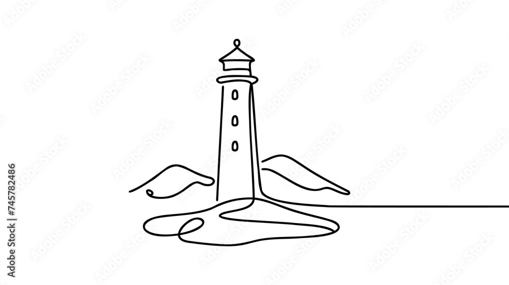 Poster continuous one simple single abstract line drawing of lighthouse icon in silhouette on a white backg