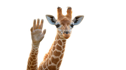 A majestic giraffe, belonging to the family giraffidae, stands tall and proud with its hand raised in the wild outdoors