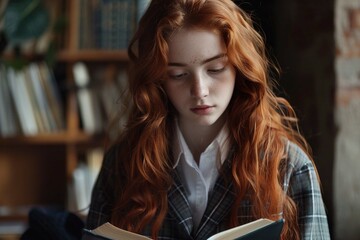 Image of smart schoolgirl with long auburn hair reading interesting book