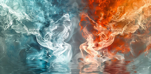 two flames with water and smoke in the background in 