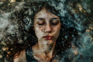 A stunning portrait of a woman with a human face, surrounded by water and nature, emanating a mysterious aura of smoke from her head