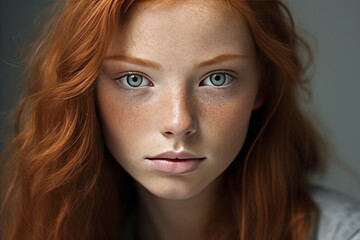 Gorgeous Closeup Portrait of a Captivating Red-Haired Woman with Enchanting Freckles - obrazy, fototapety, plakaty