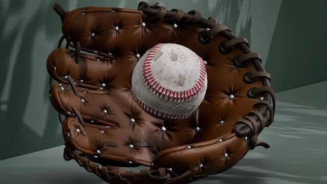 A close-up view of a baseball glove and baseball on display, with the baseball levitating and rotating above the center of the glove.