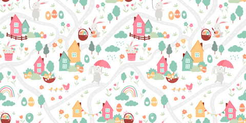 Obraz premium Lovely hand drawn easter seamless pattern with cute decorations, sweet hand drawn bunnies, eggs and flowers - vector design