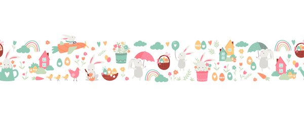 Lovely hand drawn easter seamless pattern with cute decorations, sweet hand drawn bunnies, eggs and flowers - vector design