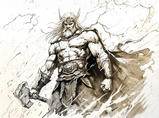 Viking Deity Sketch Pen Drawing of a Norse God Thor