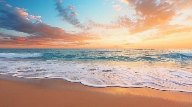 Beautiful sea summer or spring abstract background. Golden sand beach with blue ocean and cloudscape and sunset in the back
