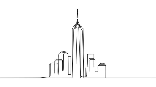 Continuous one line drawing of tall skyscraper buildings in big city.