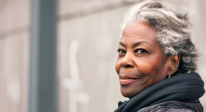 Portrait of a stylish elderly Black woman. Perfect image for fashion advertising, aging with grace, cosmetic products, and cultural diversity. Copy space.