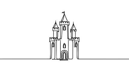 Single one line drawing of castle in an amusement park with four towers and two flags on it. © artisttop