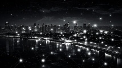 Fototapeta na wymiar Black and white smart city with data communication flow network, communication technology concept