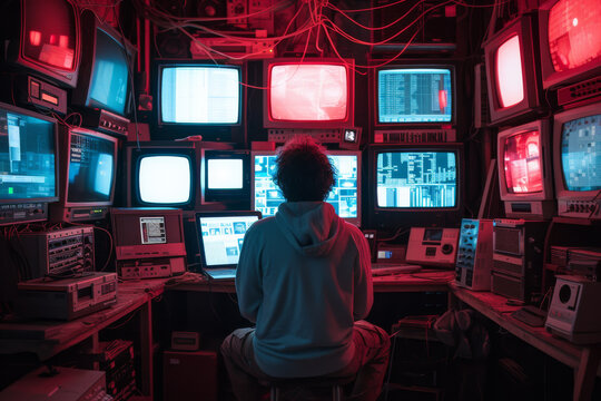 Back view of an unidentified programmer, ransomeware hacker surrounded by screens in a dark room using virus computer attack target victim. Cyberspace security risk management program concept.