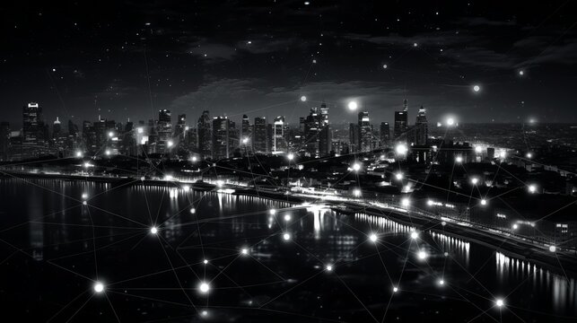 Black and white smart city with data communication flow network, communication technology concept