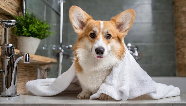 Generated image of cute corgi is covered in white terry towel in the bathroom 