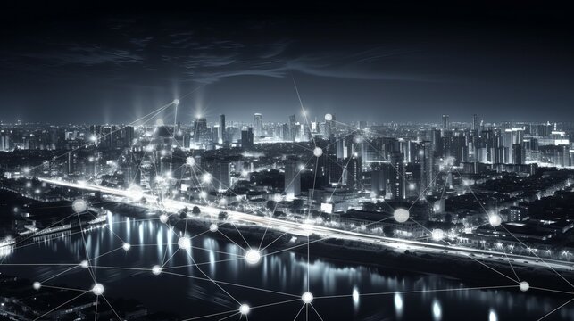 Black and white smart city with data communication flow network, communication technology concept