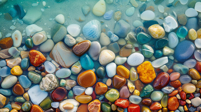 
Glass stones with a smooth texture on the turquoise lake's shoreline