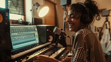 A happy woman effortlessly creates music in a recording studio, surrounded by audio equipment and a piano, while wearing headphones and a smile