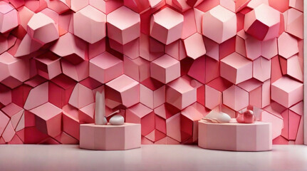 interior room decoration and structural background in pink color in pentagonal and hexagonal background decorated with the lightening and interior luxurious design    