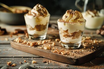 Two glasses of tiramisu with sponge fingers and a sprinkle of cocoa on a wooden serving board, with a dark, moody backdrop